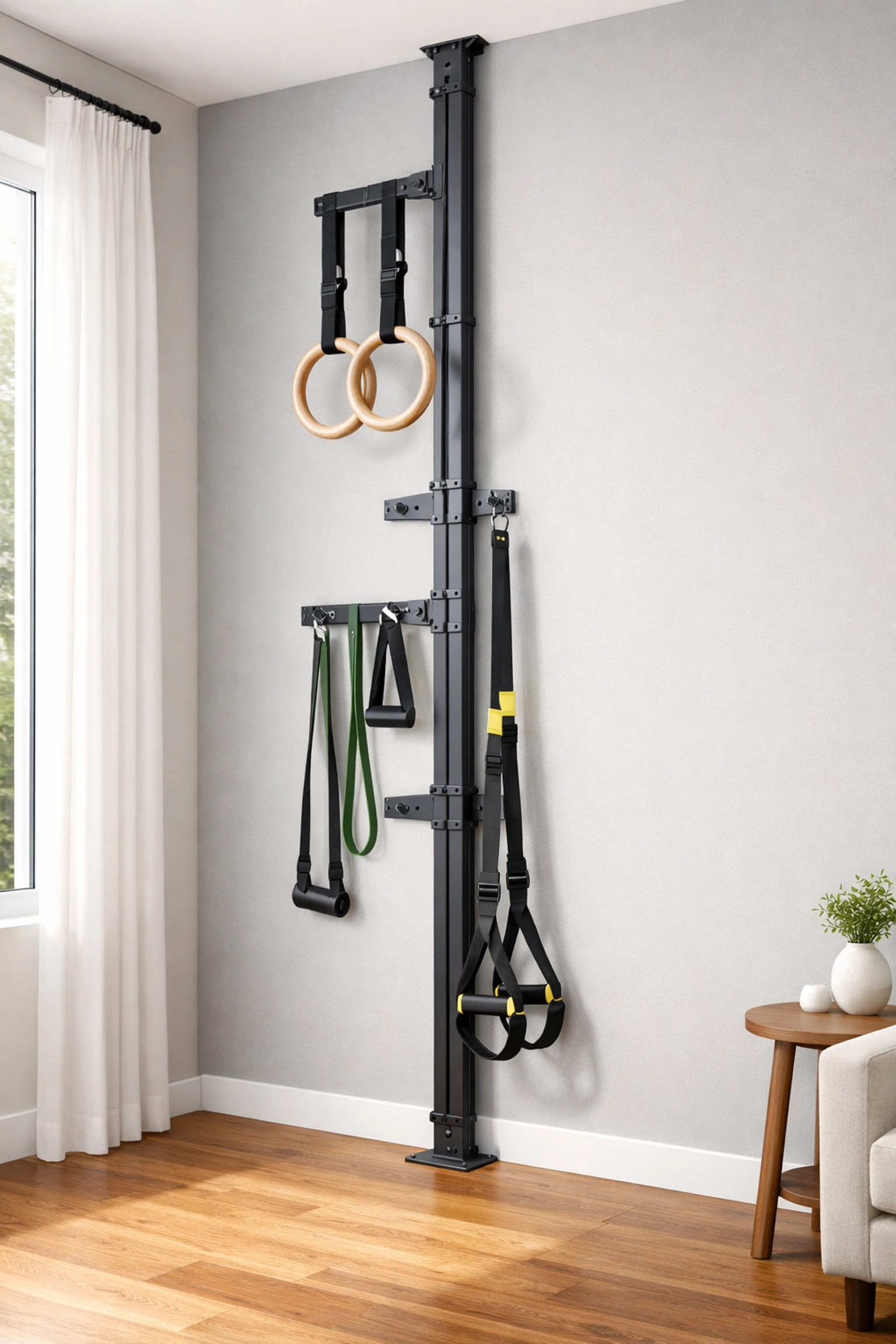 Floor-to-ceiling home gym system with resistance bands and rings for versatile training