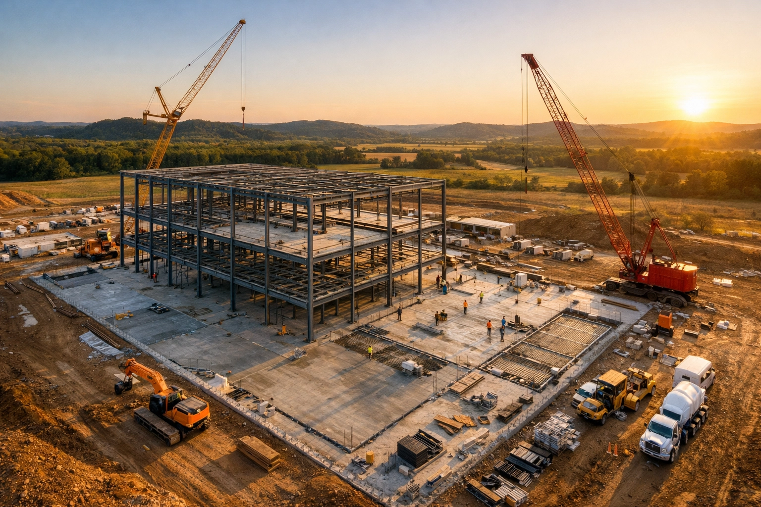 Commercial construction site in Tennessee showing built-to-suit development progress