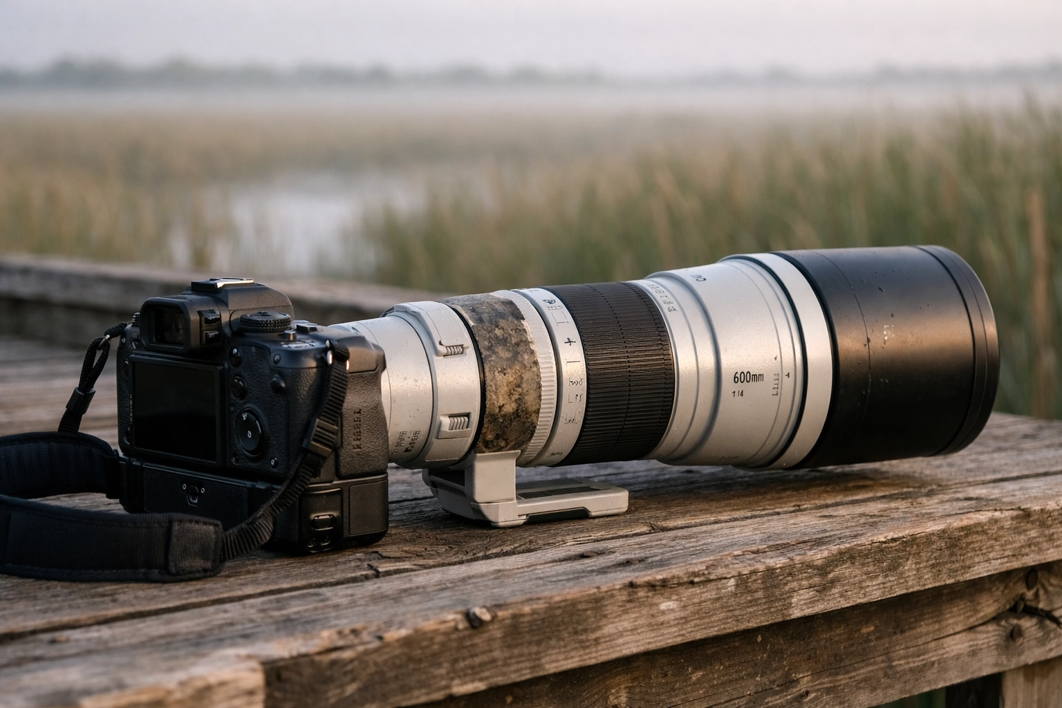 Professional camera gear with a telephoto lens on an Everglades National Park boardwalk at sunrise.