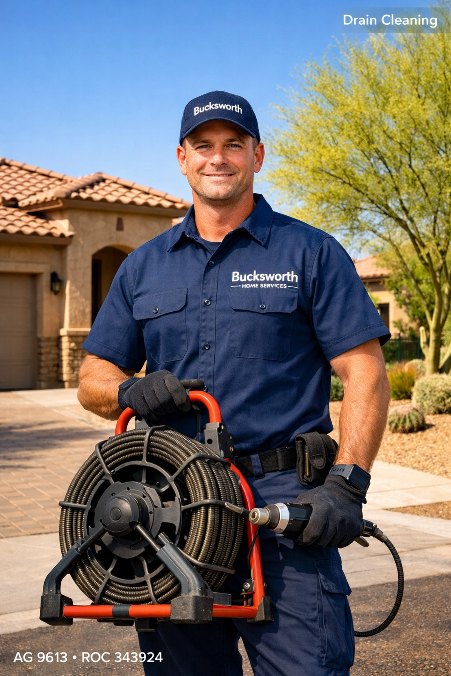 Bucksworth technician with professional equipment for expert drain cleaning in Litchfield Park AZ.