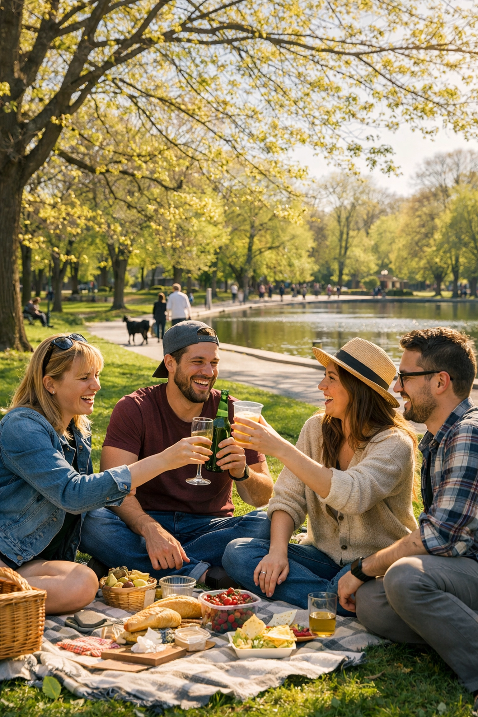 Friends enjoying a spring picnic in Parc La Fontaine, Montreal, with the park pond in the background.