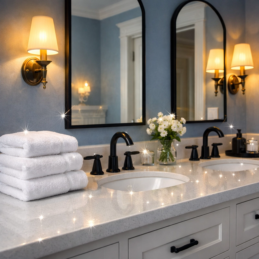 Deep cleaned primary bathroom vanity with white quartz counters and matte black fixtures in a Concord home.