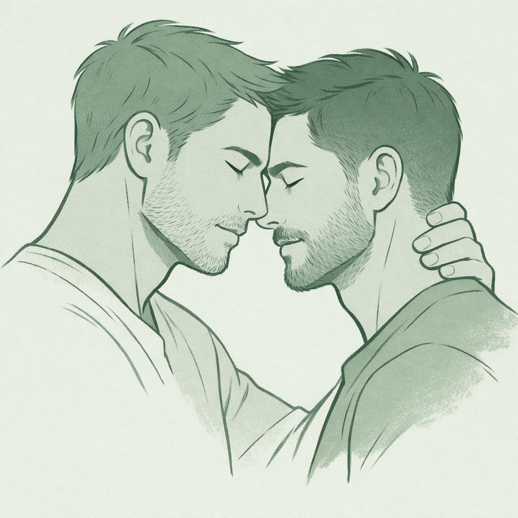 Two men in intimate connection showing emotional vulnerability in gay romance