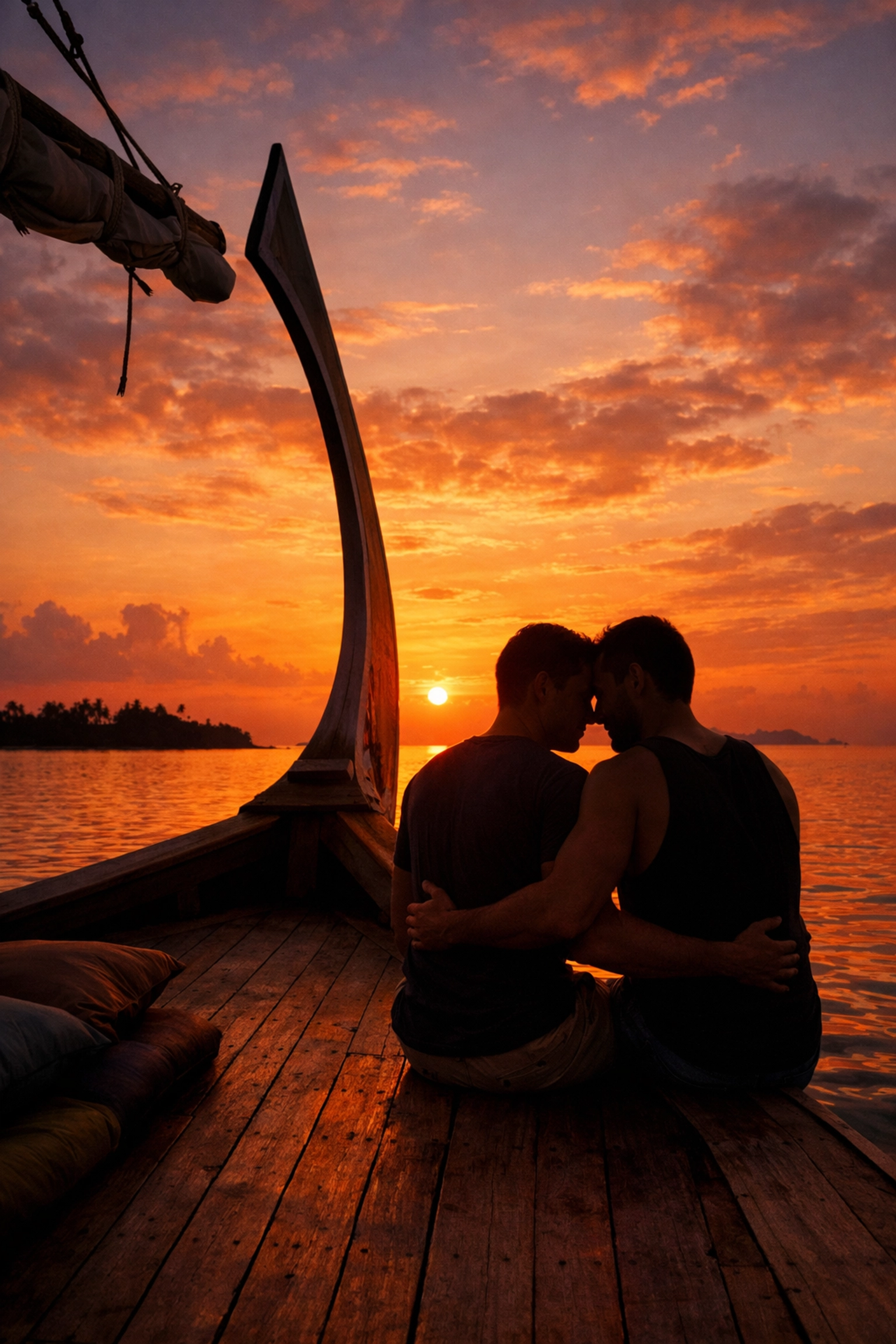 Gay couple enjoying romantic sunset cruise on traditional Maldivian dhoni boat