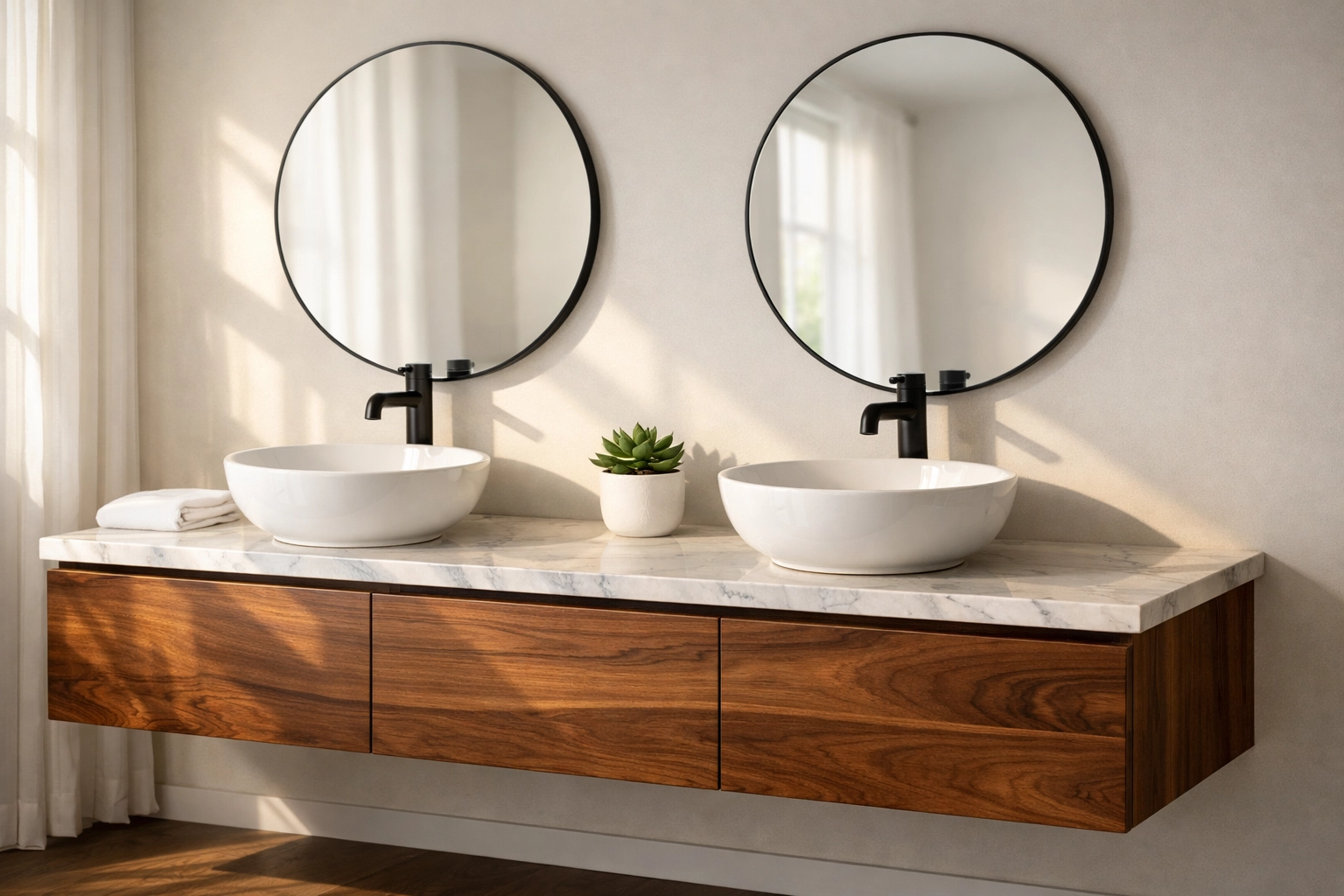 Handcrafted Minnesota custom cabinetry featuring a floating walnut bathroom vanity with double sinks.