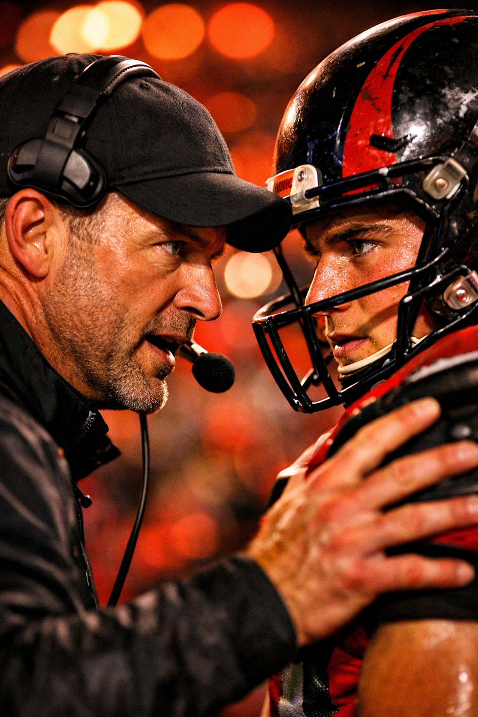 Sports coach motivating an athlete on the sidelines to focus on the next play during a game.
