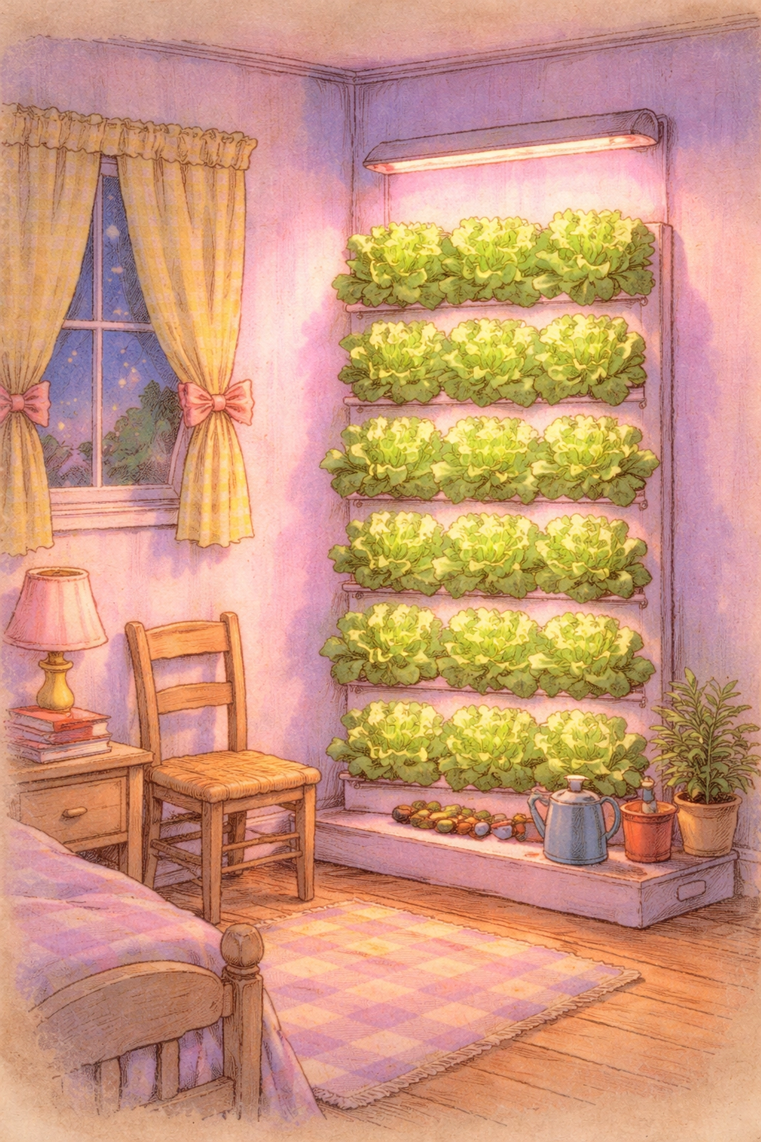 Cartoon illustration of a vertical lettuce wall glowing under LED grow lights in a cozy bedroom corner