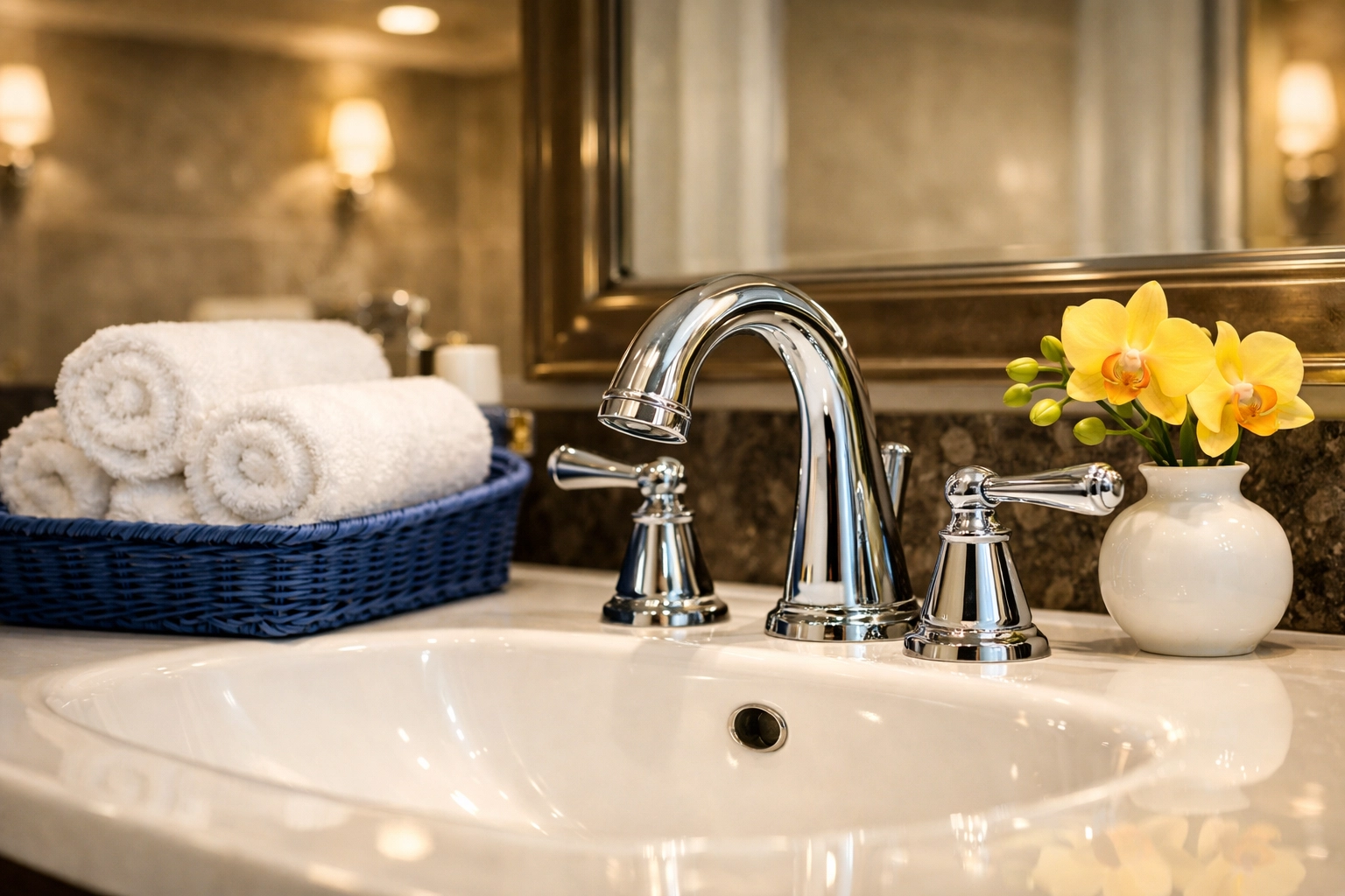 Sparkling luxury bathroom vanity showcasing detailed sanitization and professional cleaning.