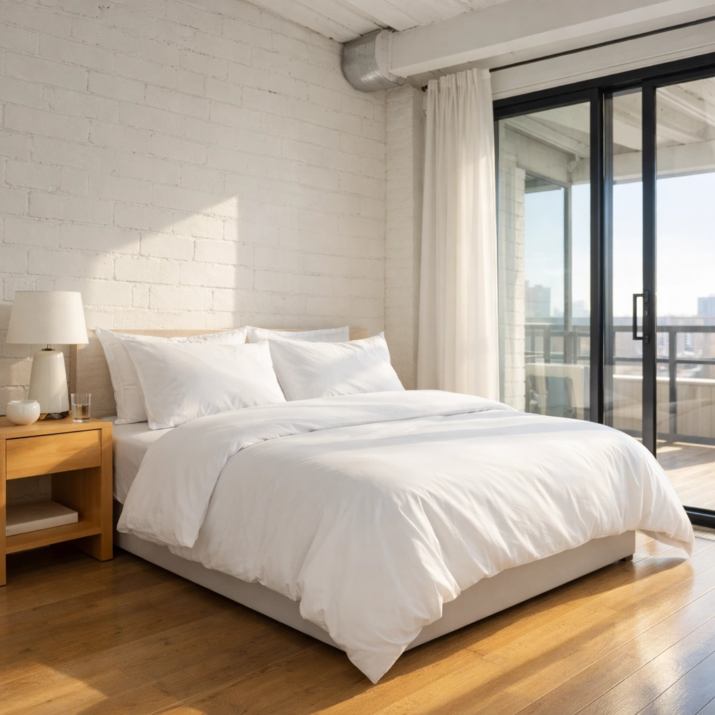 Professionally cleaned industrial loft bedroom with dust-free surfaces for property turnover.