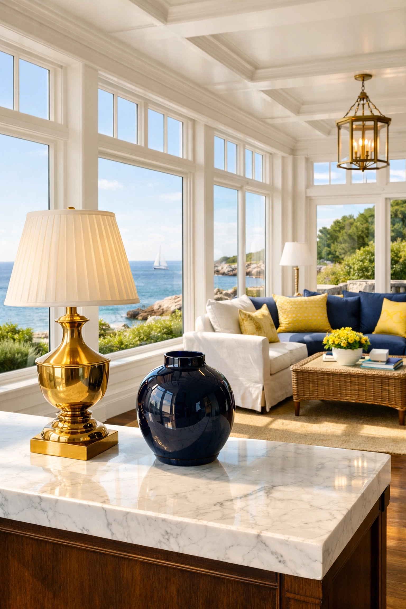 Clean sunroom in a Manchester-by-the-Sea Summer Cottage with dust-free marble surfaces and ocean views.