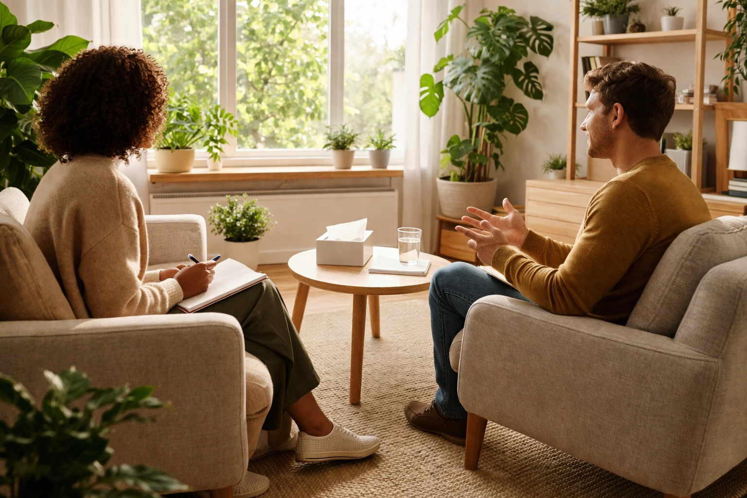 Two people in a bright, modern therapy office, representing supportive, collaborative therapy sessions