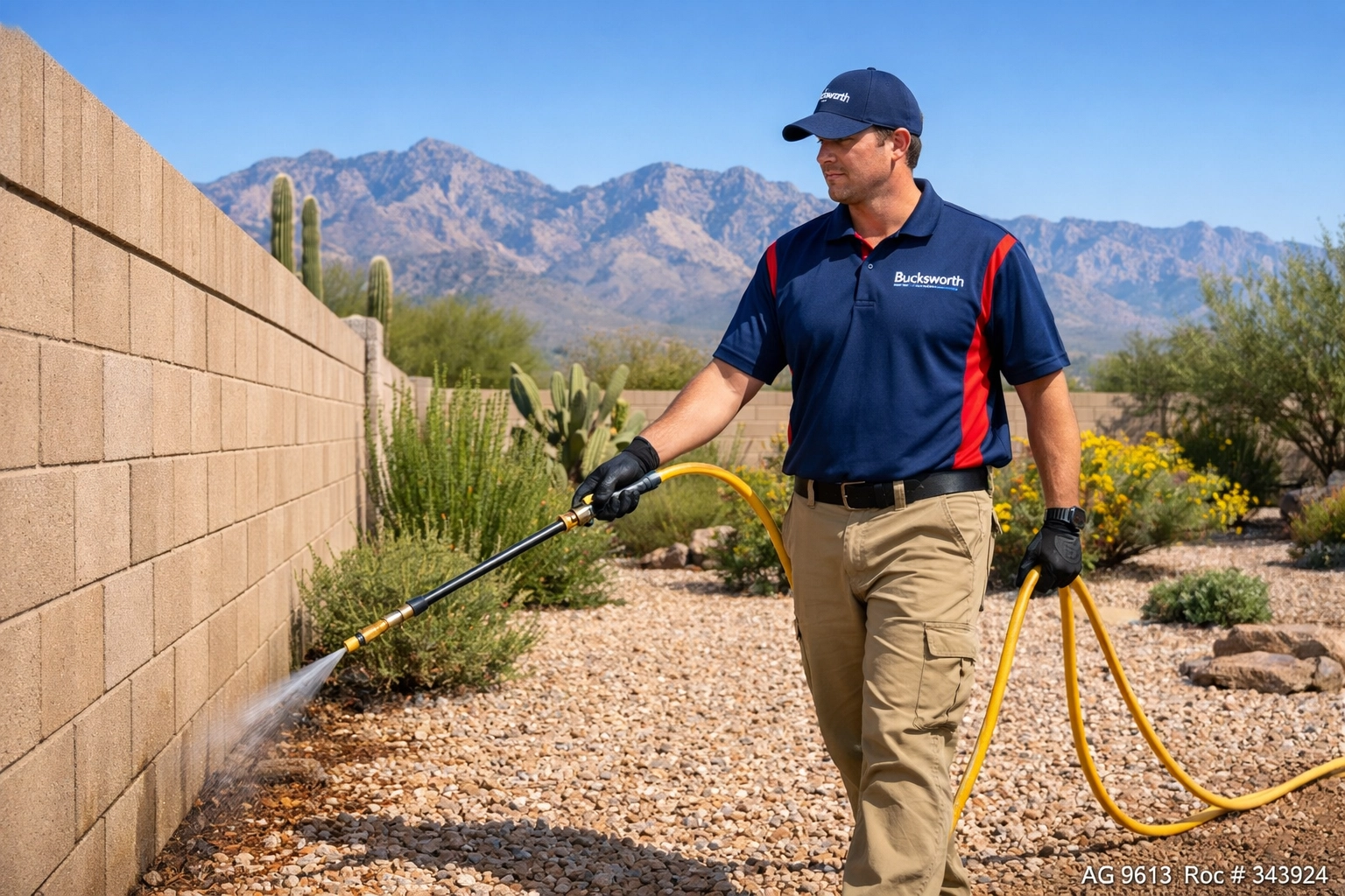 Bucksworth Home Services technician performing professional pest and weed control in Vail, AZ.