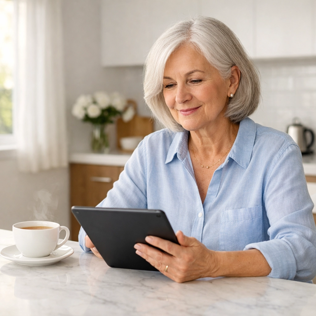 Senior woman using a tablet to compare Medicare Supplement and Medigap costs for her budget.