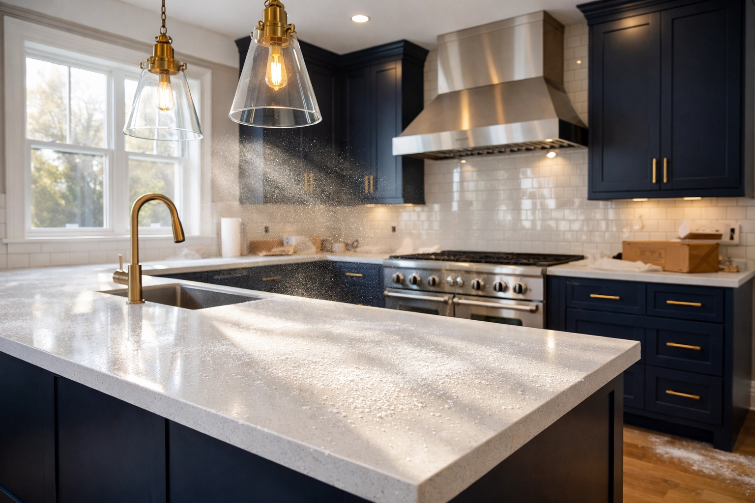 Post construction cleaning Milford showing dust on a luxury kitchen countertop after a home renovation.