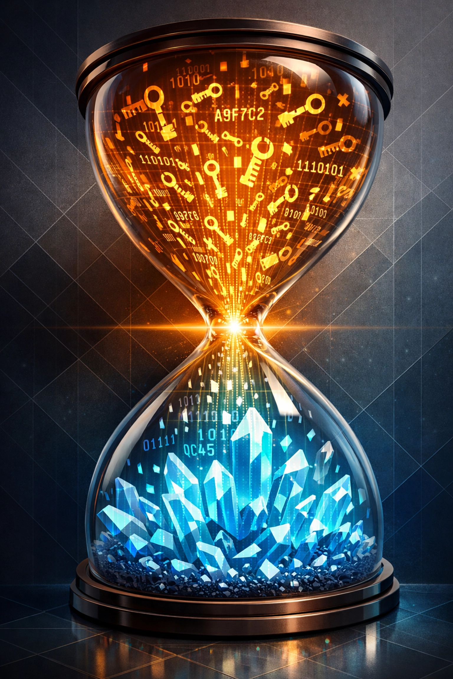 Hourglass showing urgency of transitioning from classical to quantum-resistant encryption