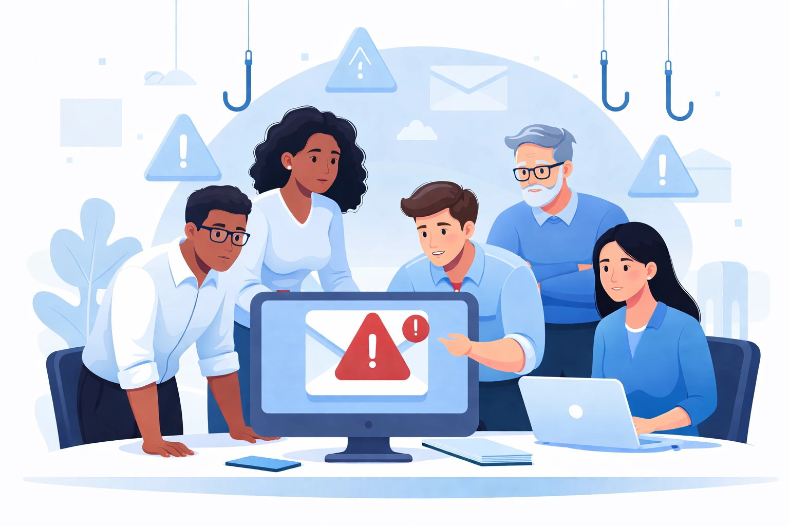 Office employees identifying a suspicious email, demonstrating cybersecurity training for small business teams