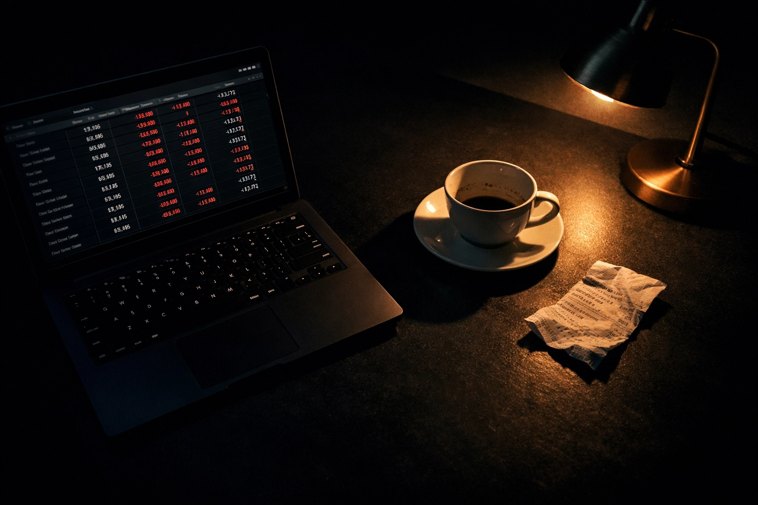 Late-night founder desk with SDR cost analysis spreadsheet for startup budget planning