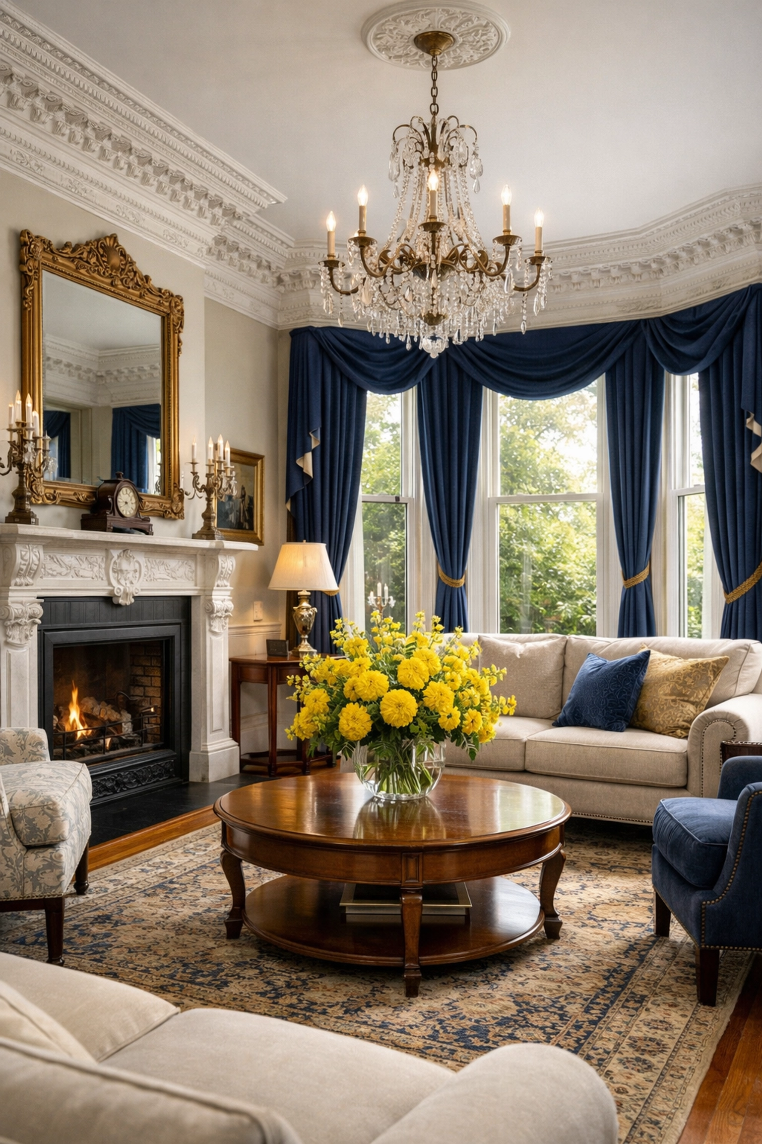 Restored Victorian living room in Lowell featuring dust-free crown molding after professional deep cleaning Lowell.