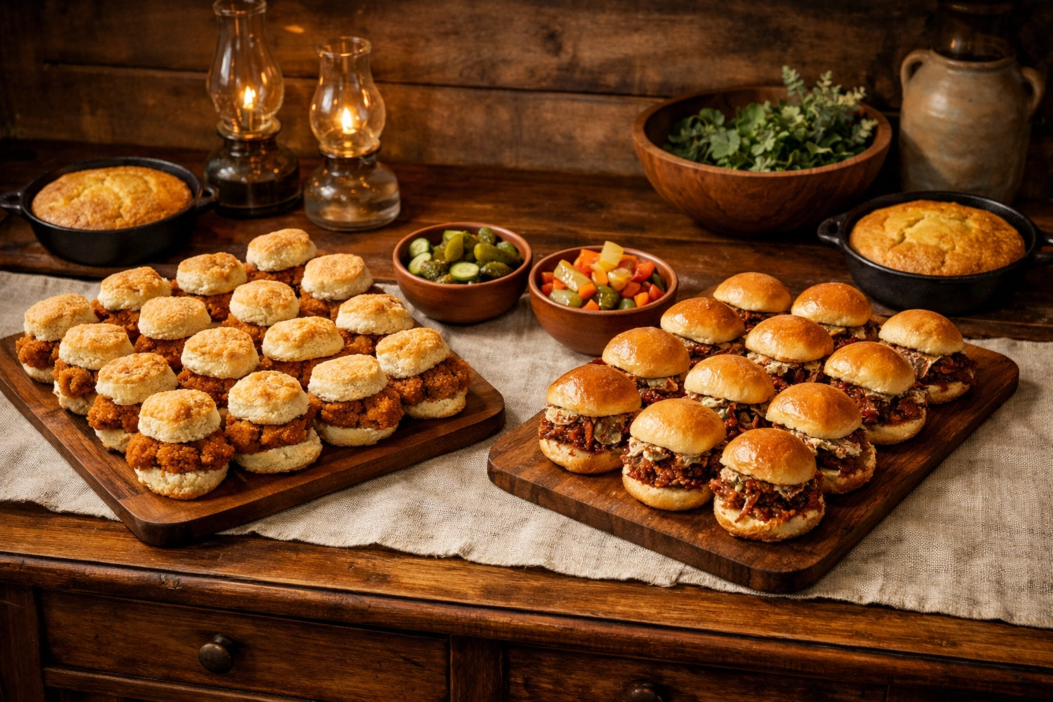 Southern catering spread with pulled pork sliders and chicken biscuits for a game-day event.
