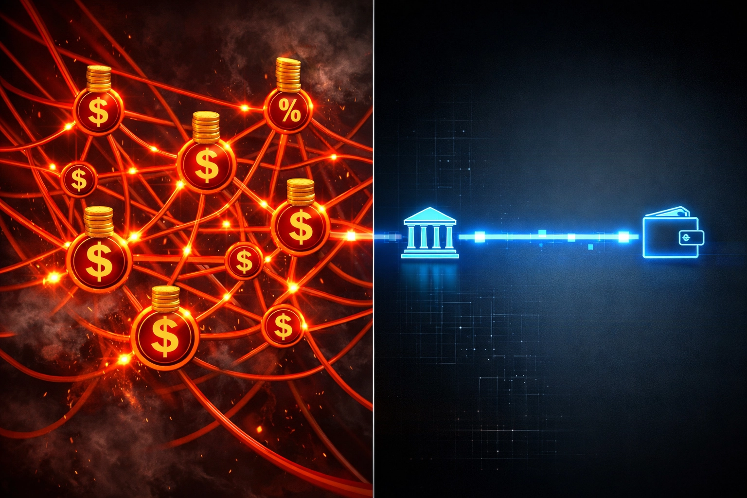 Traditional payment intermediaries vs direct blockchain settlement comparison