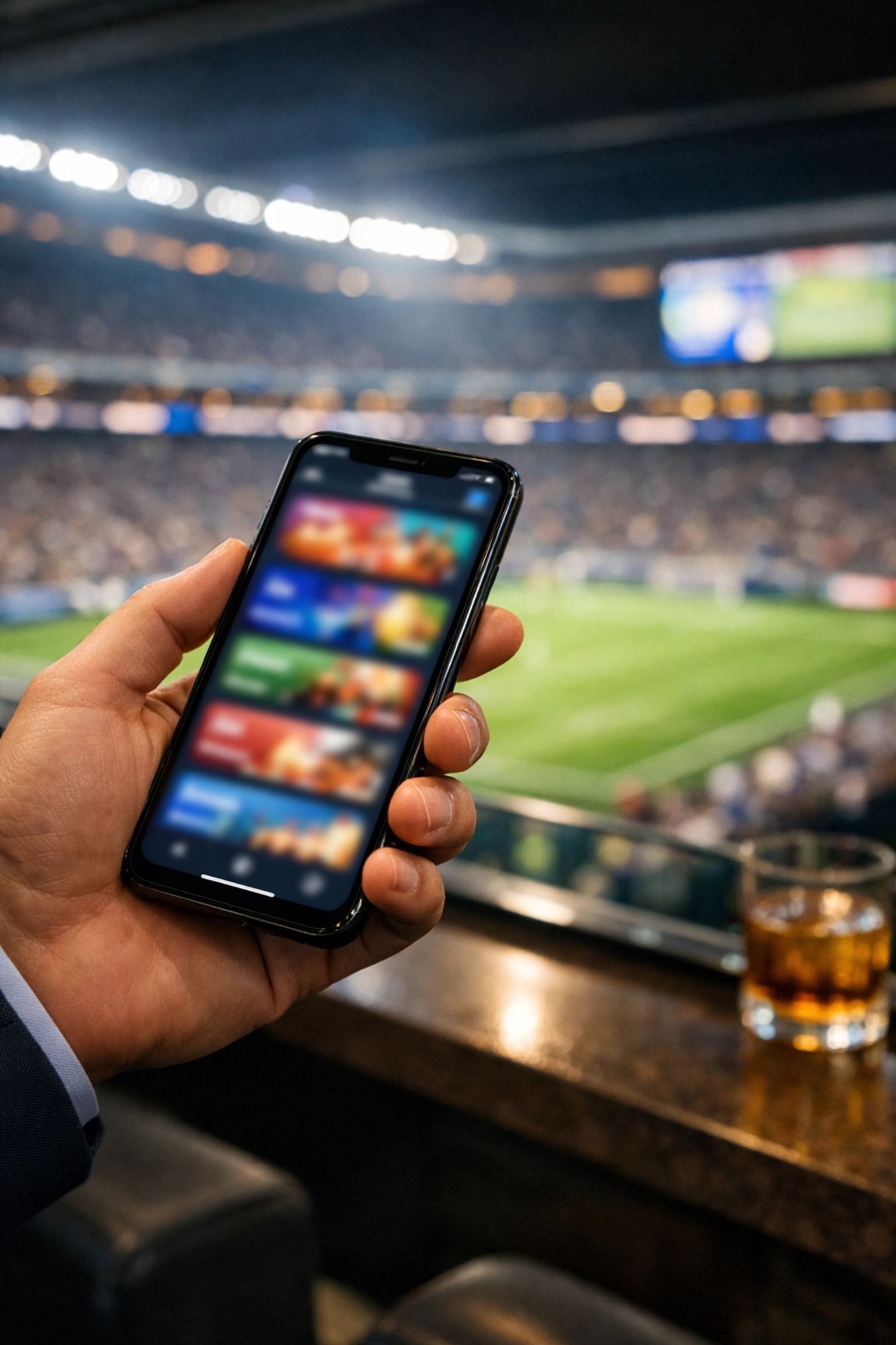 Interactive sports advertising technology being used on a smartphone inside a professional stadium.