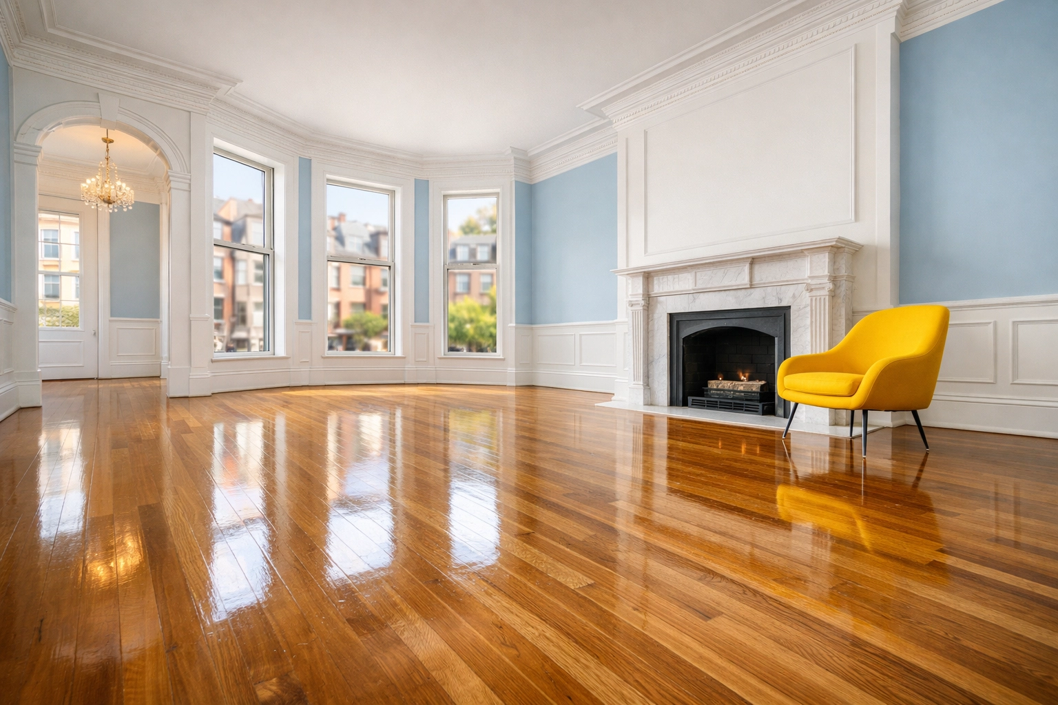 Pristine empty Boston brownstone living room with polished floors after a professional move-out cleaning service.