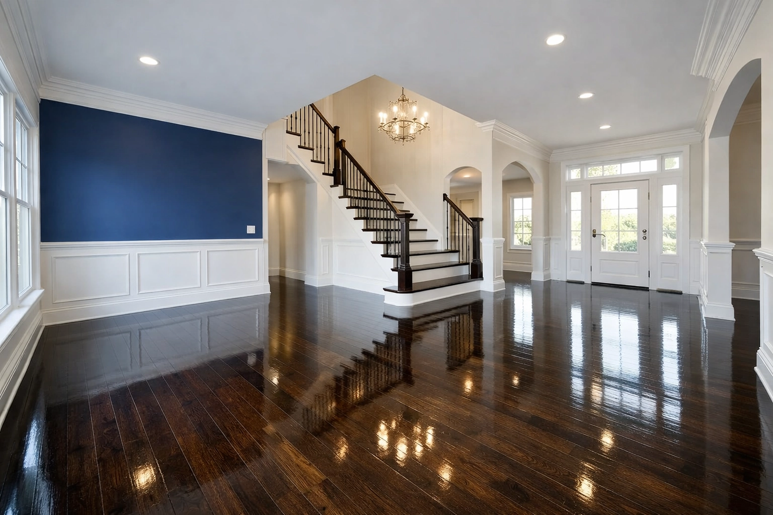 Clean Mansfield home foyer with polished hardwood floors after professional move-in residential cleaning.