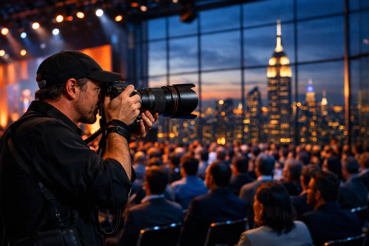Professional NYC event photographer capturing a keynote speech at a high-end corporate conference.