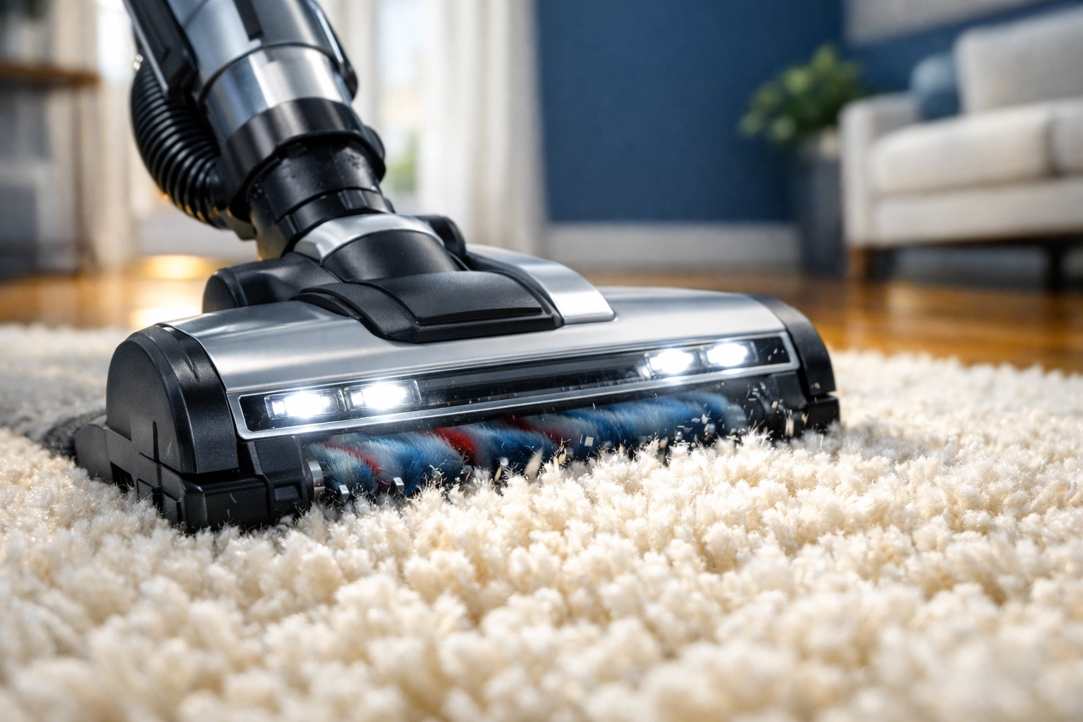 Efficient house cleaning services in Malden MA using professional vacuuming on a plush area rug.
