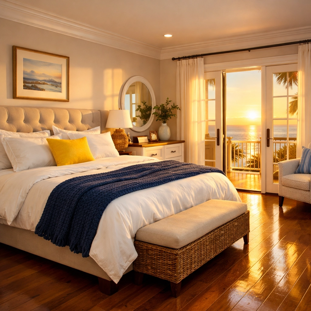 Serene Martha's Vineyard master bedroom featuring a perfectly clean floor and tidy bed after a professional cleaning.