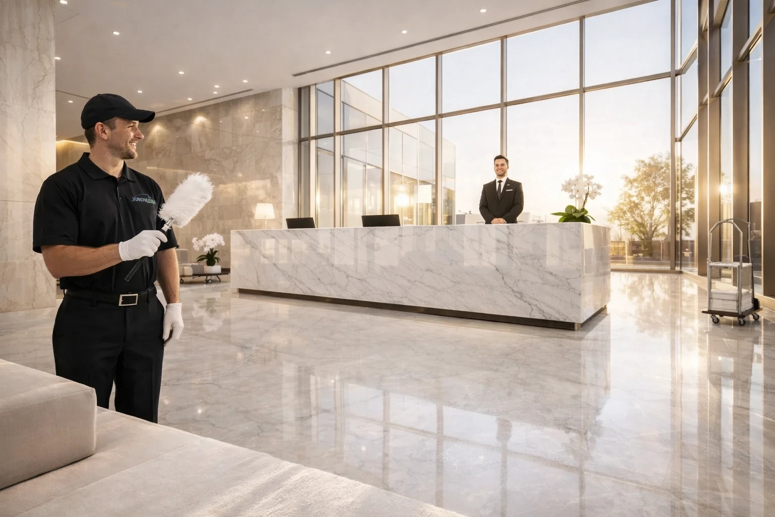 Spotless commercial lobby with pristine marble floors and clean reception desk showing high-traffic area maintenance