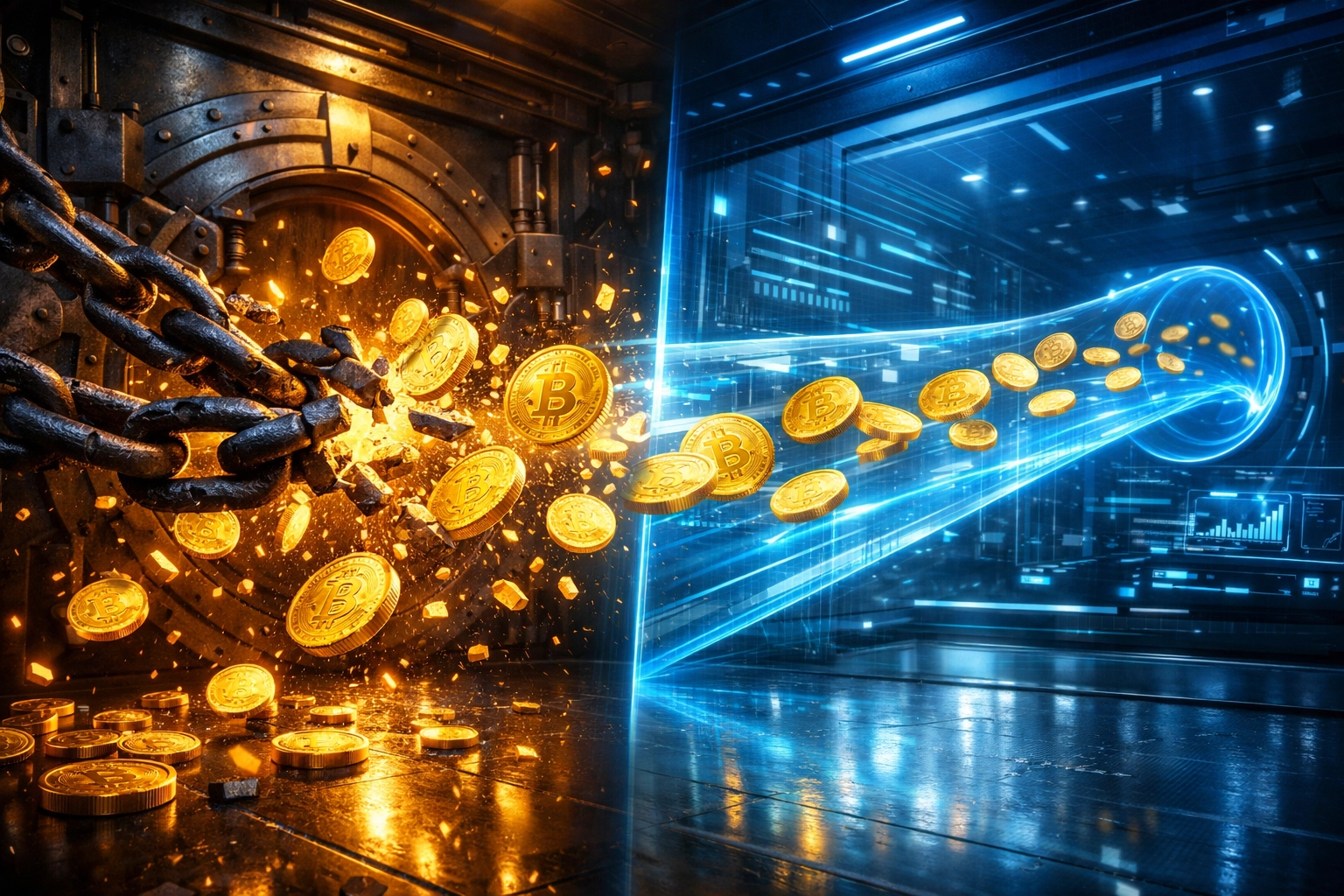 Digital coins breaking free from chains, symbolizing lower merchant interchange fees with Larecoin payments.