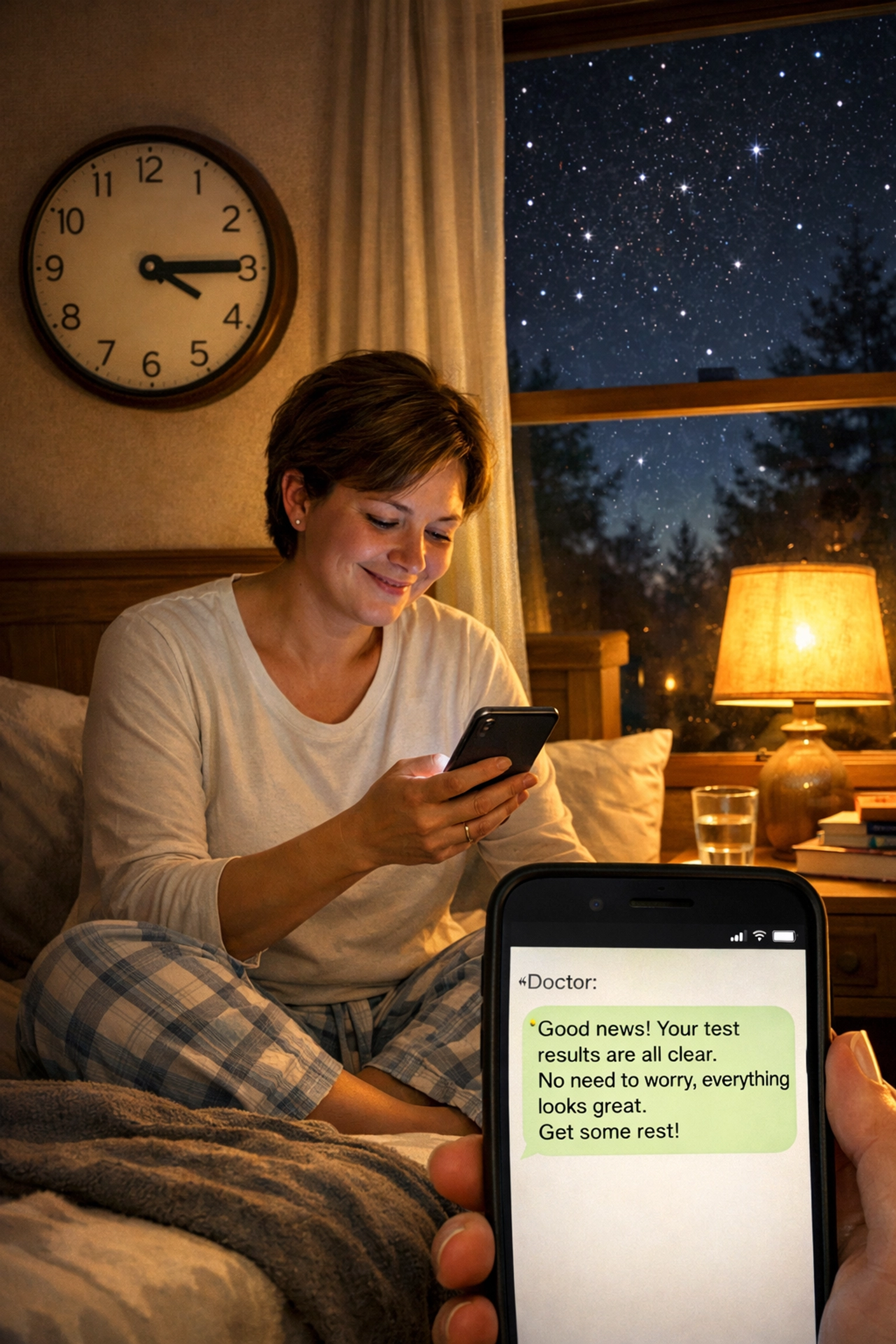 Patient receiving 24/7 online urgent care response from doctor via text message at 2 AM