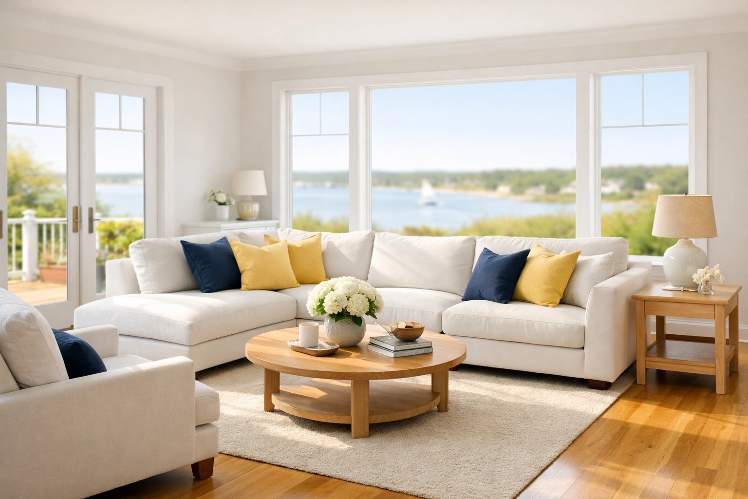 Sun-drenched Hyannis living room featuring clean floors and furniture after a professional weekly house cleaning service.