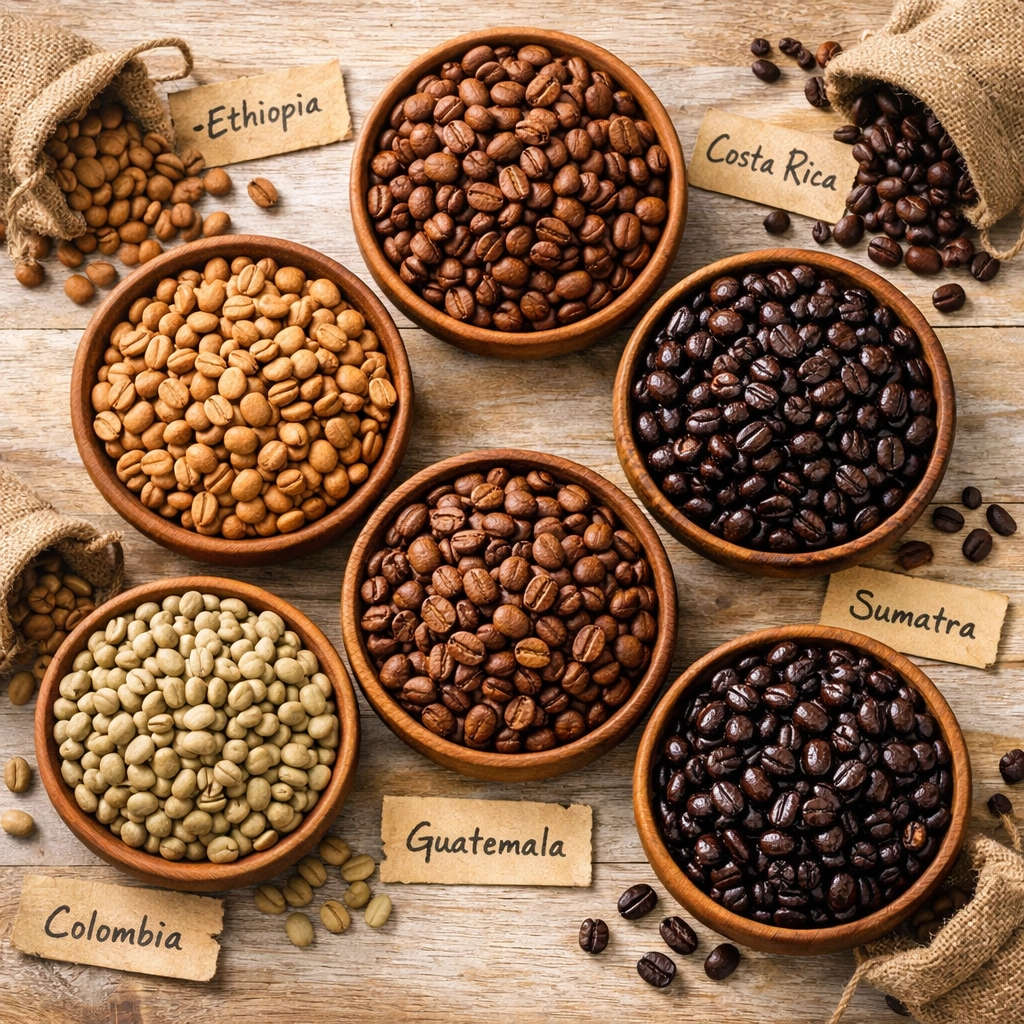 Variety of coffee beans from different origins showing light to dark roasts