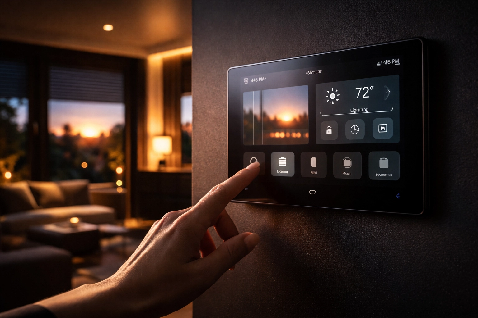 Smart home control panel in use, showing seamless integration of AV, lighting, and shades in a sleek Minneapolis home