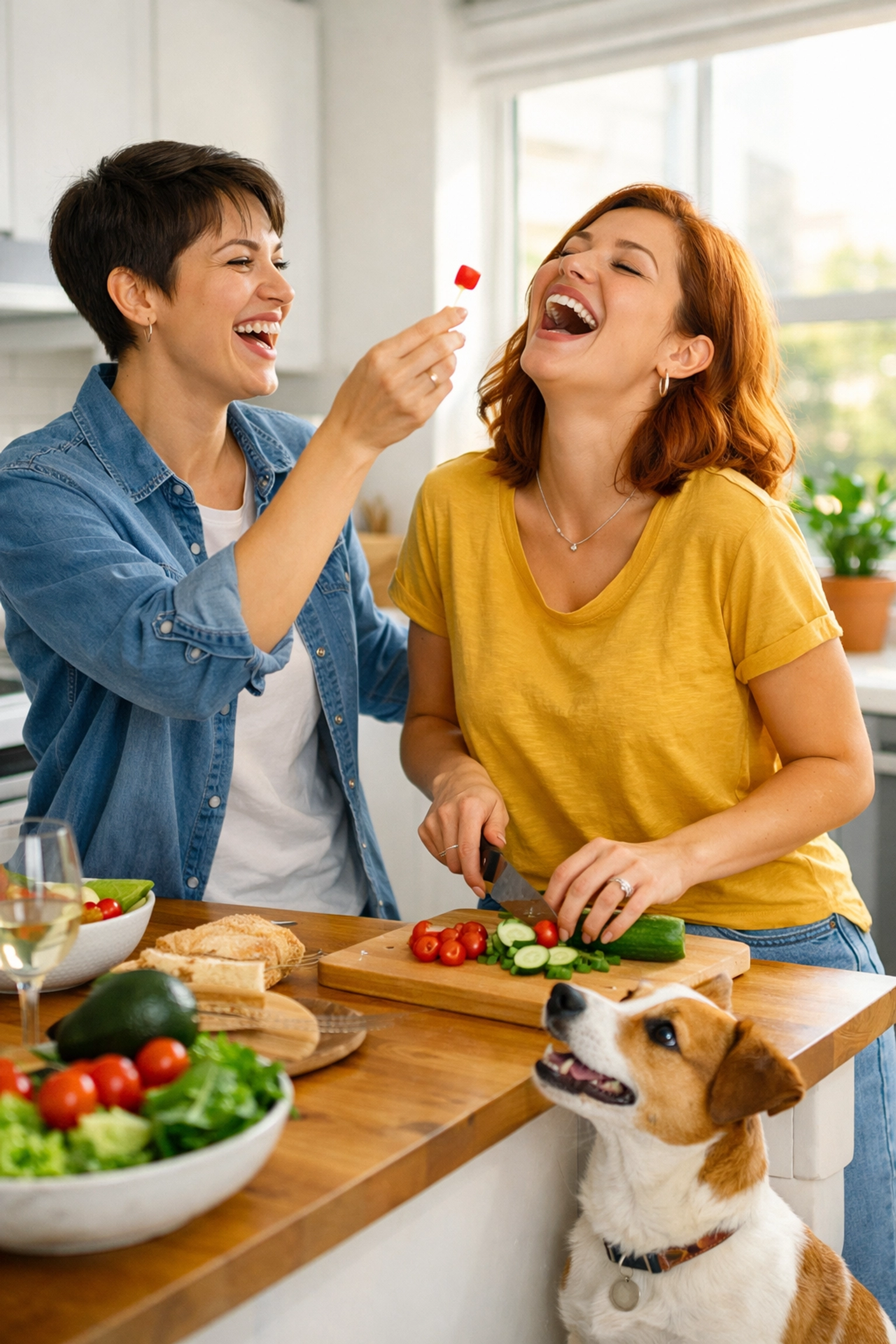 A lesbian couple sharing a joyful moment in their kitchen, reflecting themes of queer joy in contemporary literature.