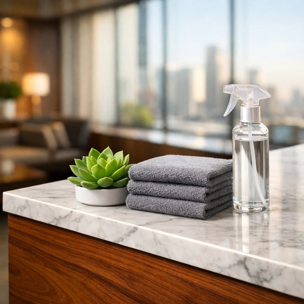 Clean marble office desk with microfiber cloths and cleaning spray in a modern Midwest workspace.
