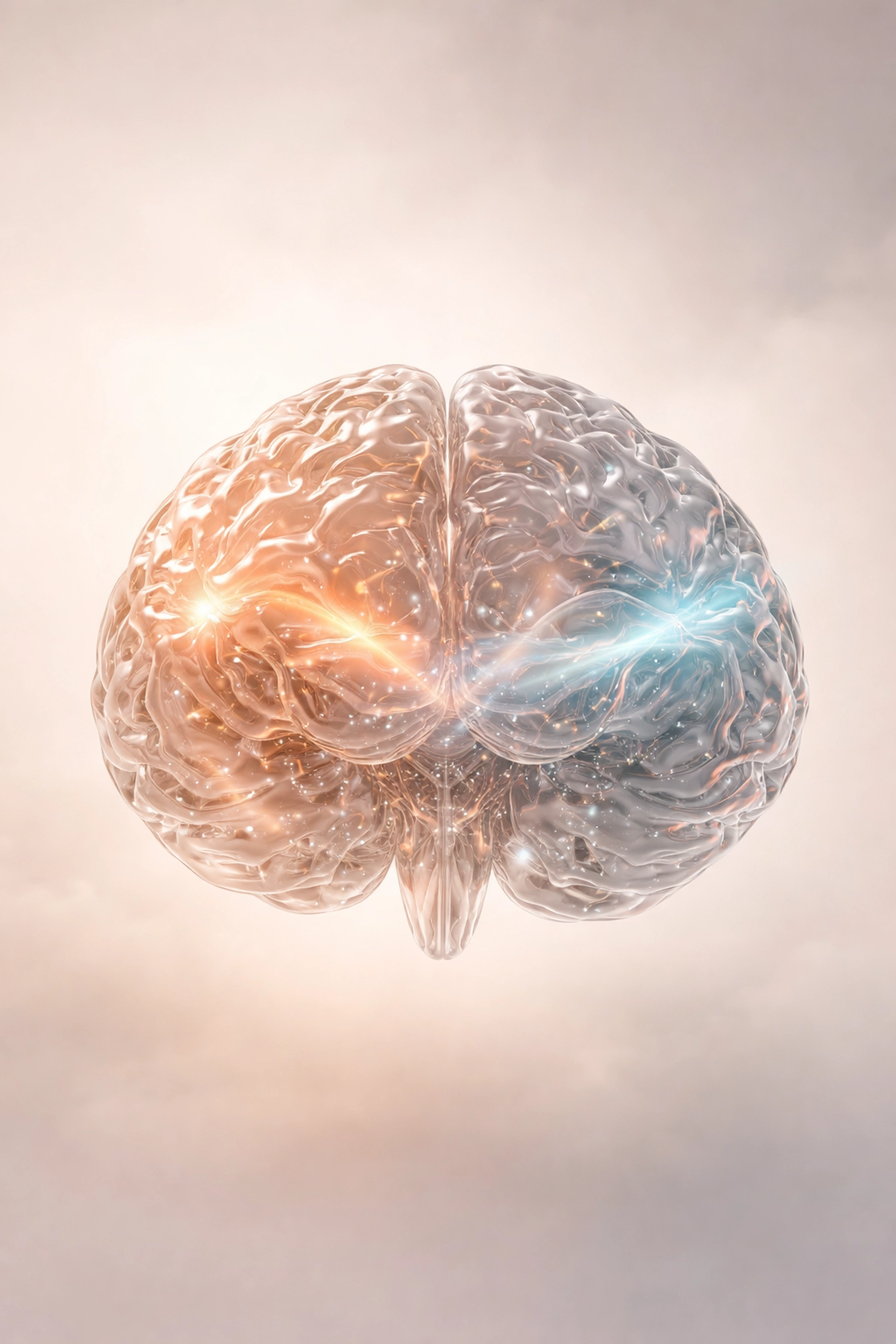 Glass brain illuminated with blue and amber waves, visualizing nervous system balance in chaos.