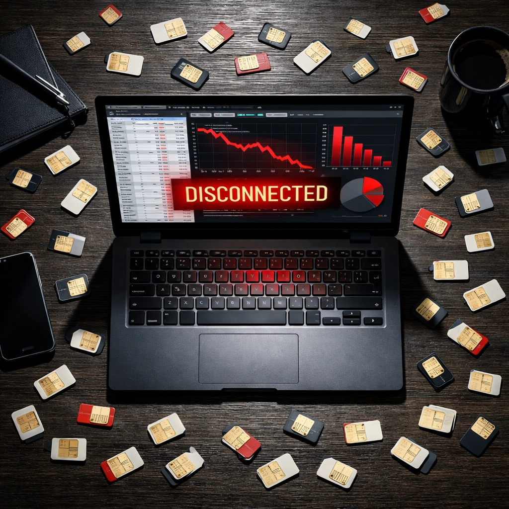 Disconnected SIM cards and declining business graphs showing Vodafone's low-value account purge