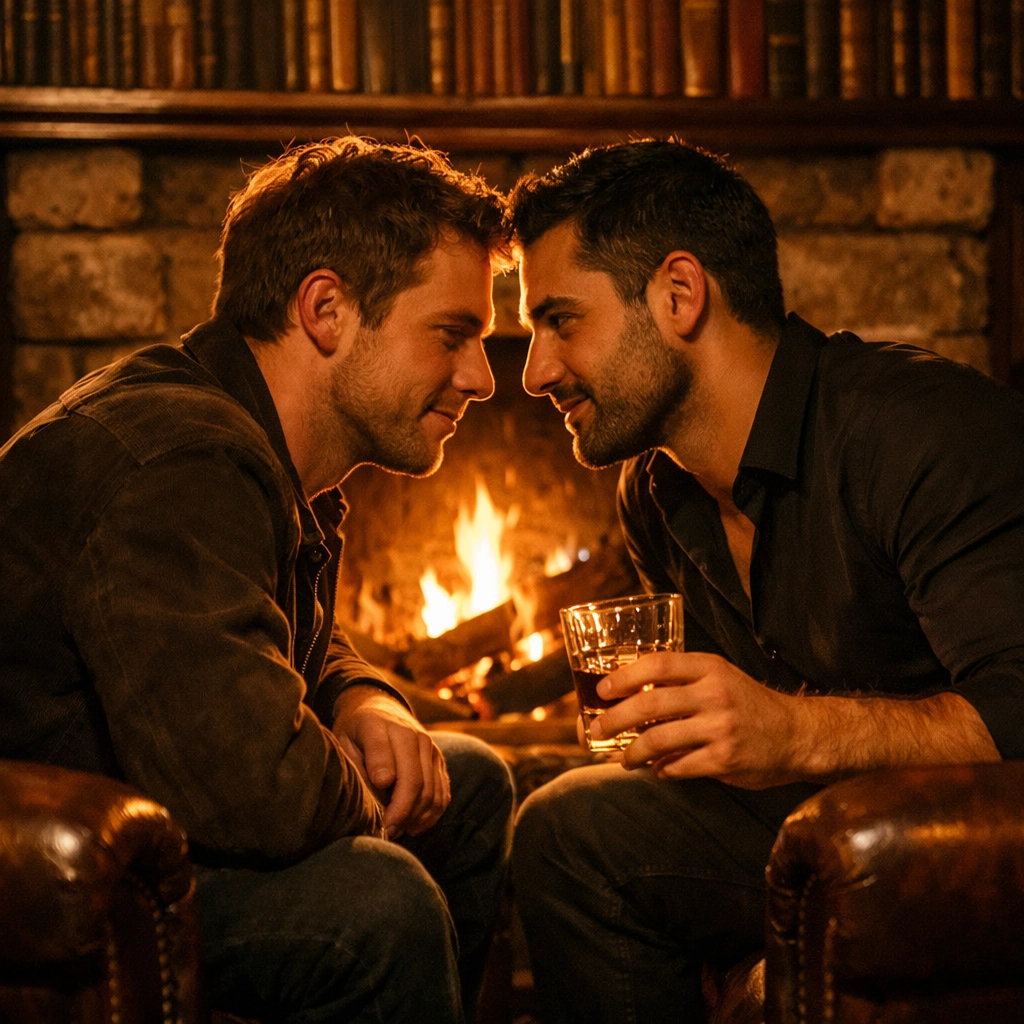 Two men sitting by a fireplace in a cozy London pub, sharing a slow-burn MM romance moment.