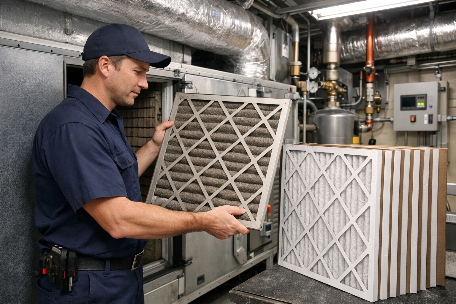 HVAC system maintenance by trained technician in NYC commercial building mechanical room