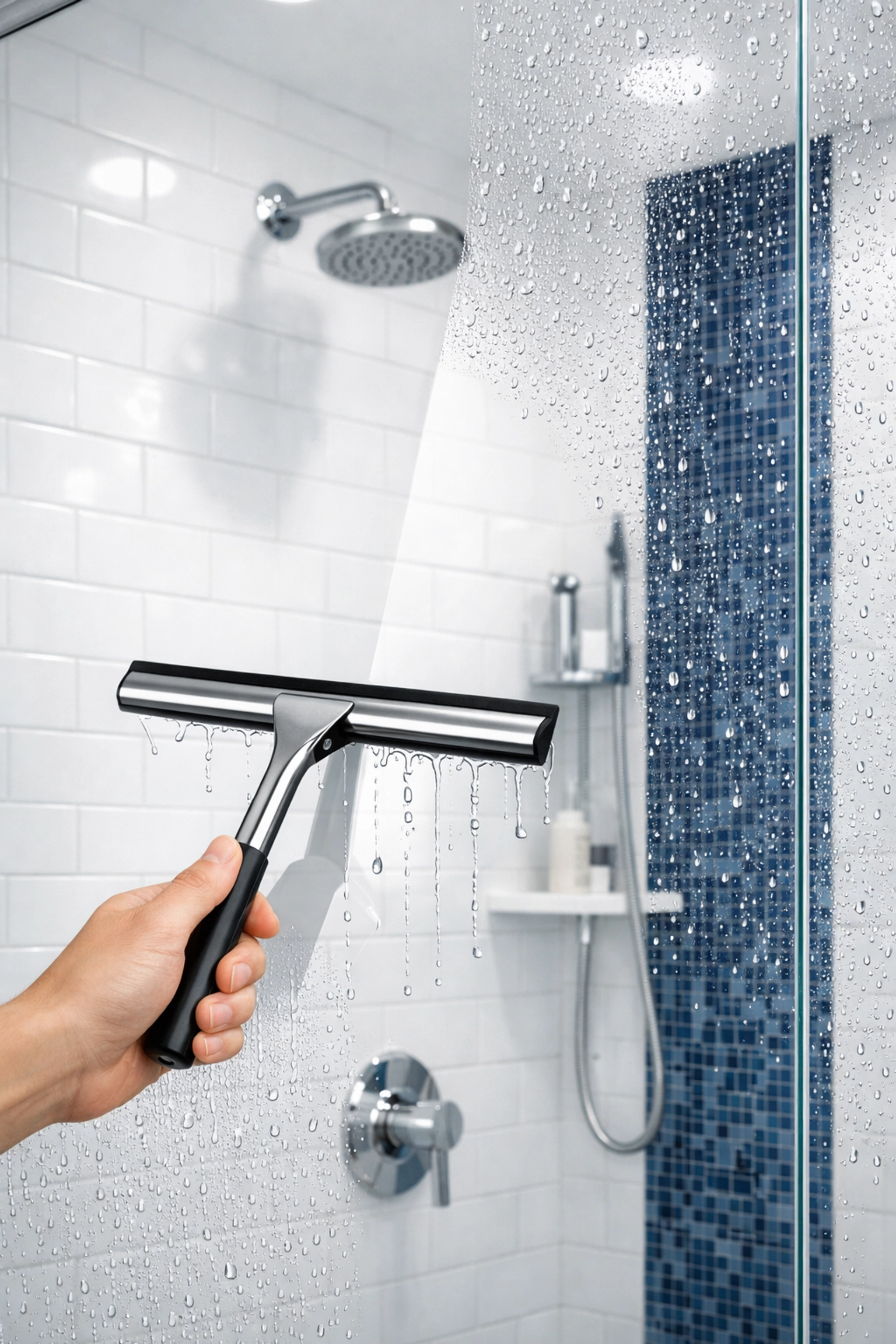 Squeegee wiping water from clear glass shower doors to prevent soap scum buildup.