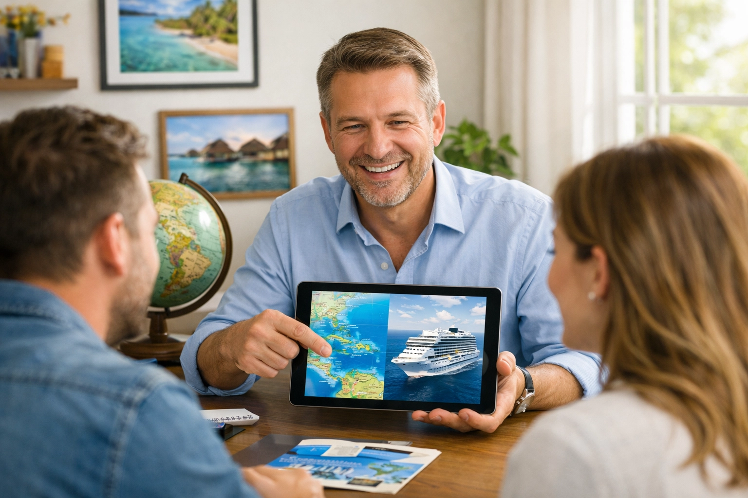 A cruise specialist at our Flushing MI travel agency helps a couple book a cruise vacation.