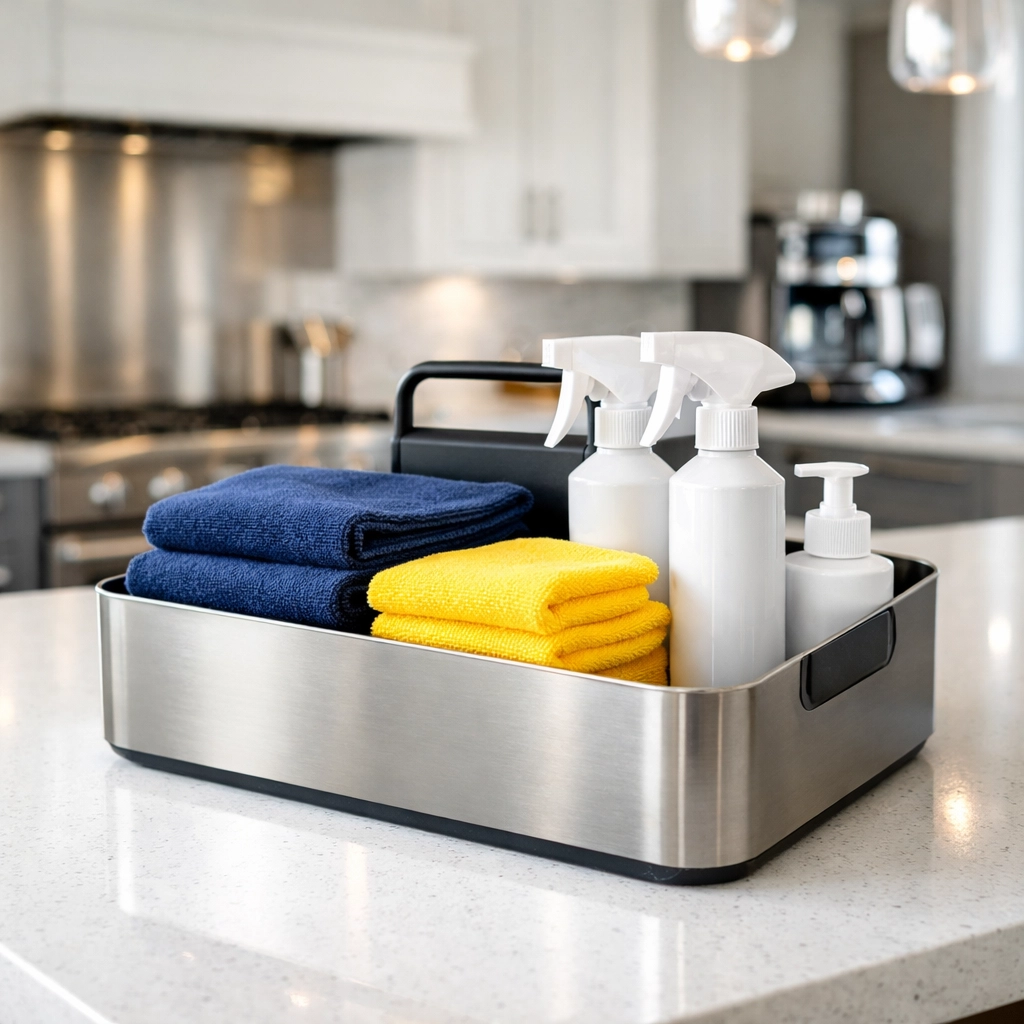 Essential house cleaning Worcester MA supplies and microfiber cloths organized on a modern kitchen counter.
