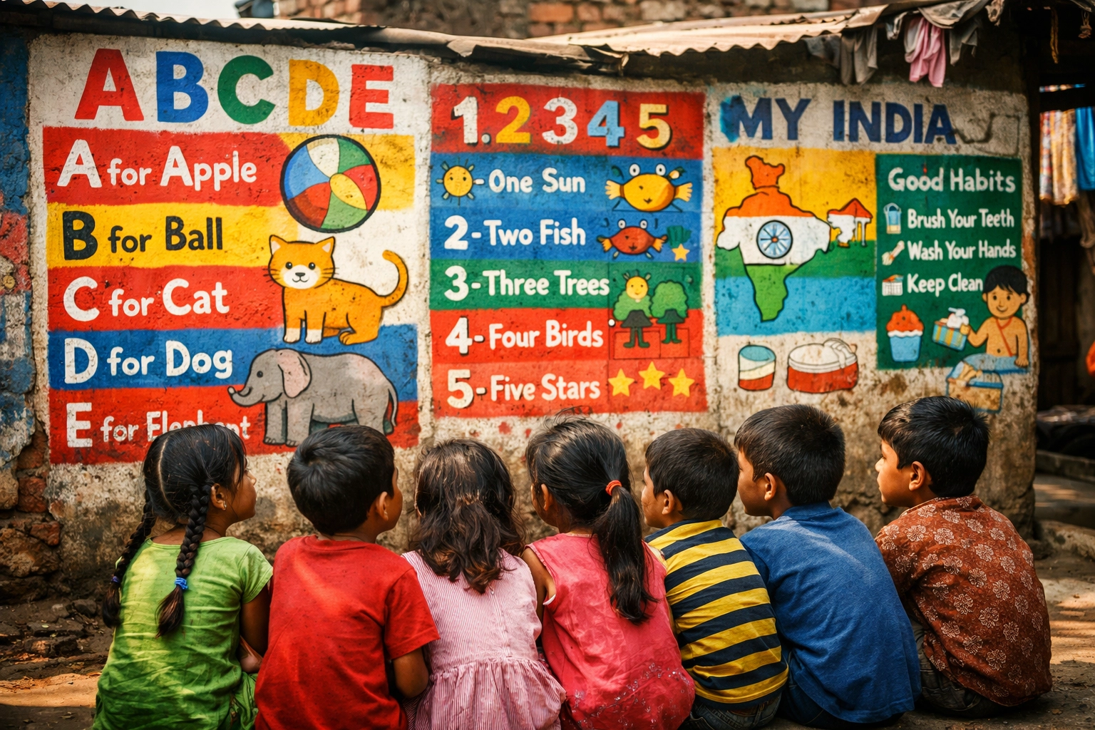 Children learning from colorful educational murals in Indian slum community