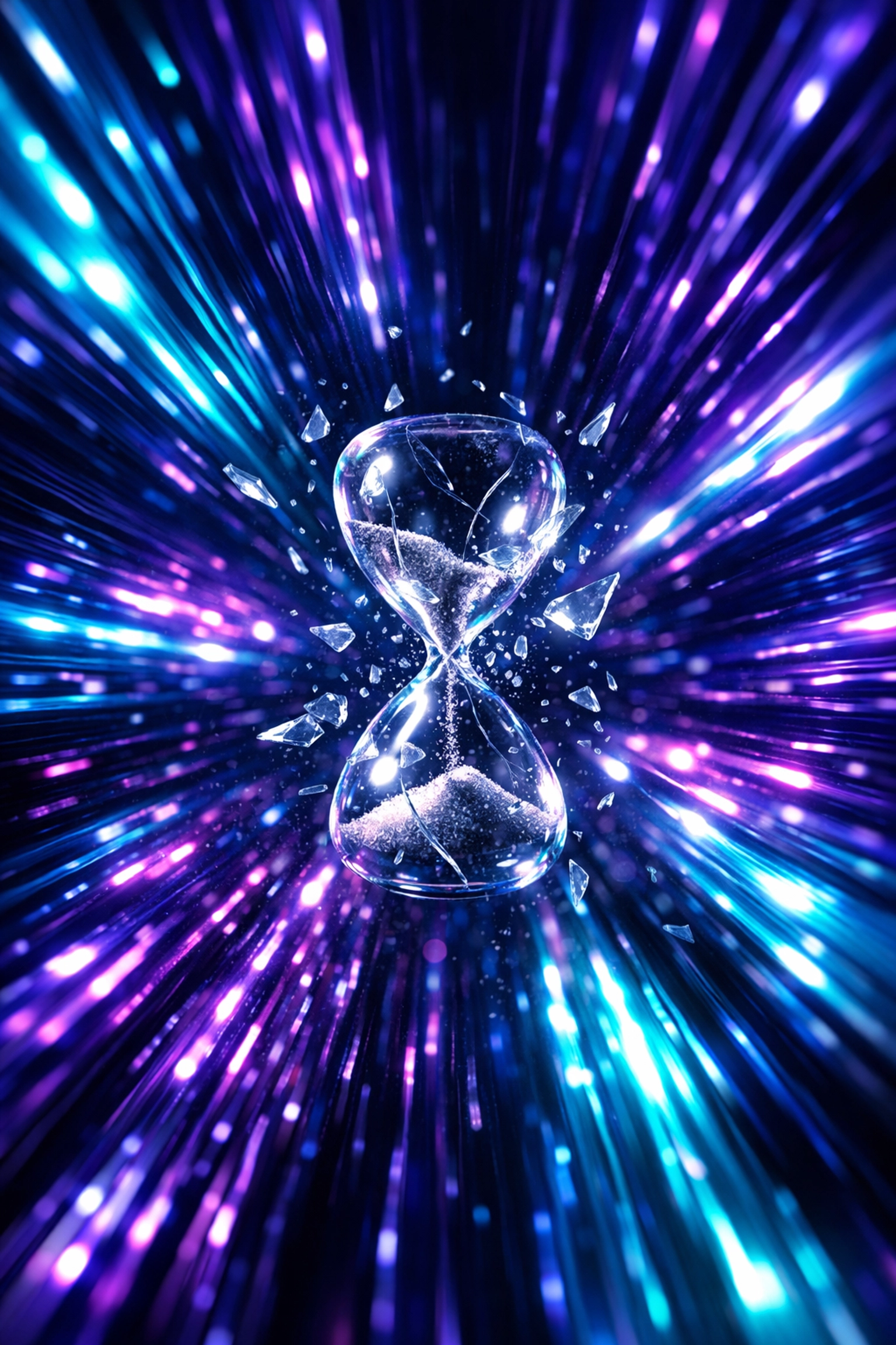 A shattered hourglass in a data tunnel representing machine speed business IT solutions.