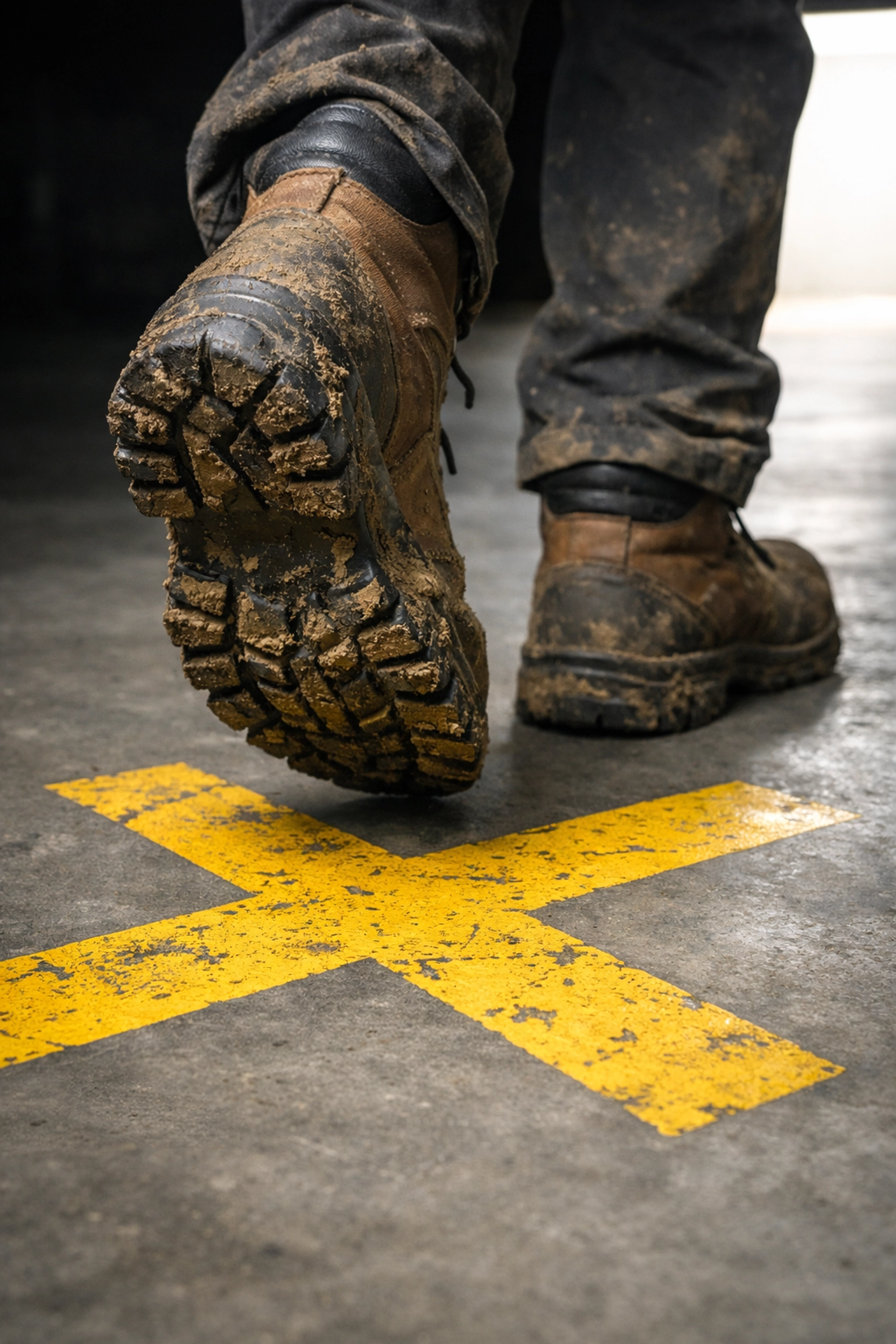 Work boots stepping over a yellow X, symbolizing the move from high-interest debt to financial freedom.