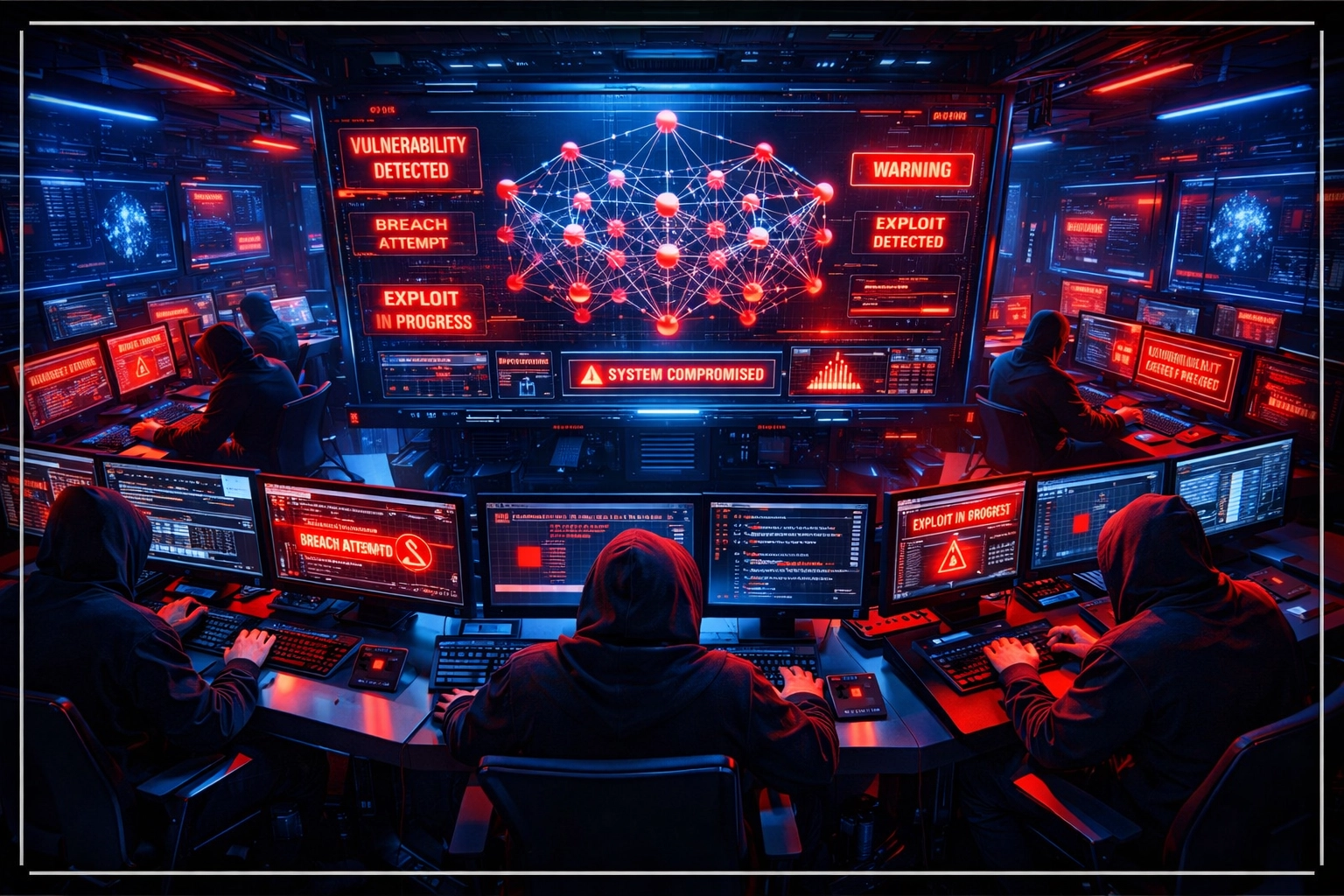 AI red team testing cybersecurity war room with analysts detecting vulnerabilities in real-time