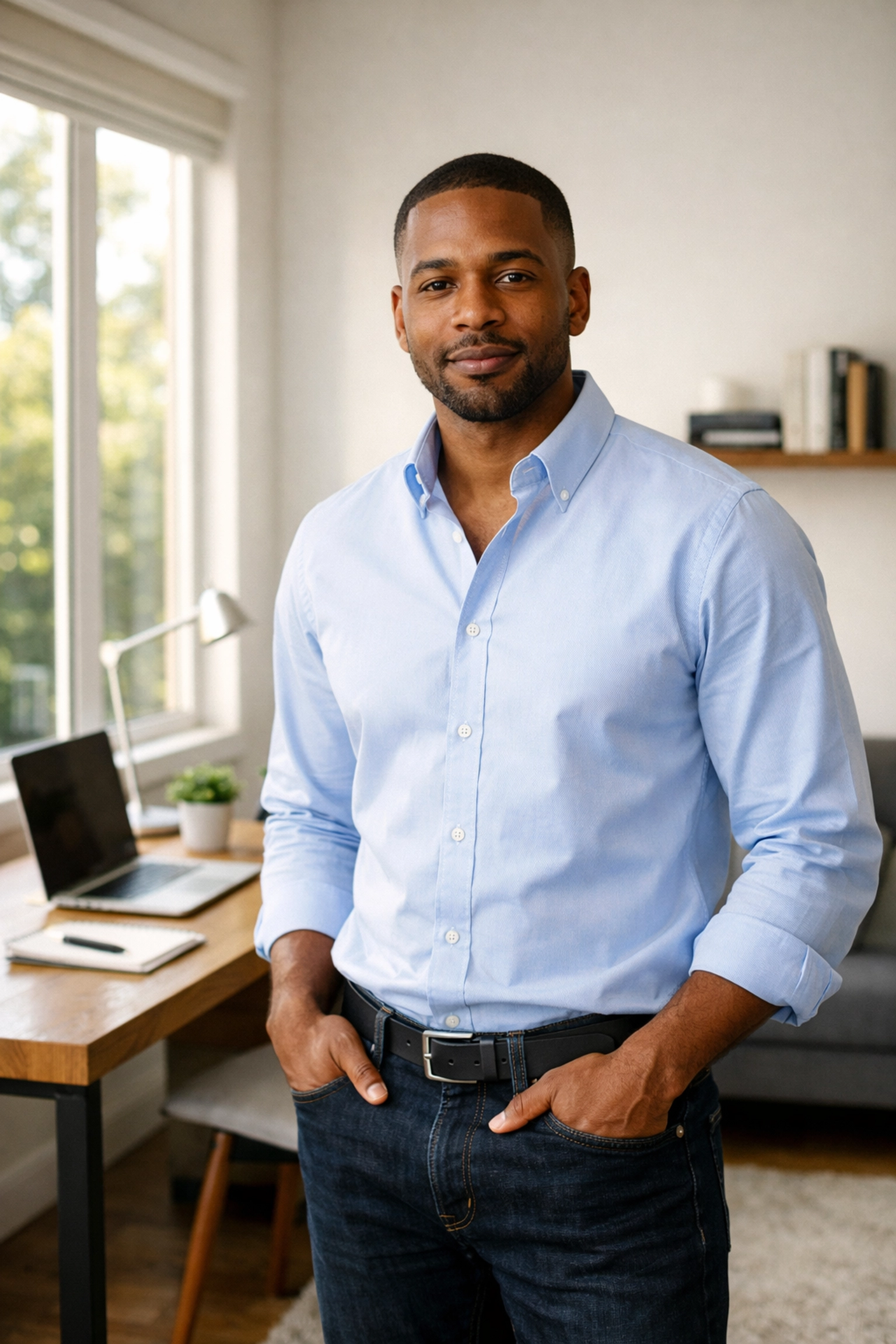 Professional man dressed for work in home office ready to start productive day